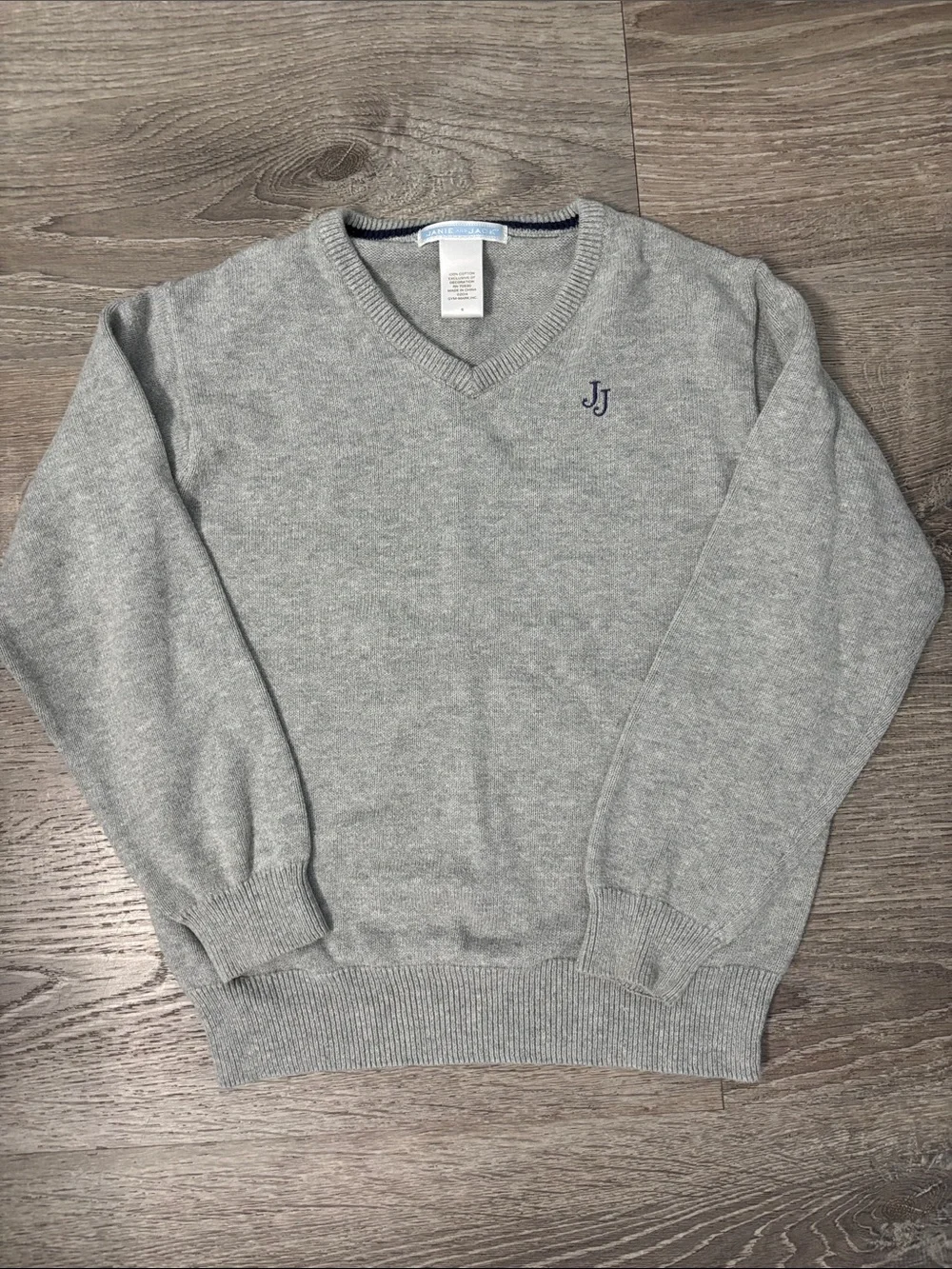 Janie and Jack Boys Size 6 Light Gray V-Neck Sweater with JJ Logo Cotton